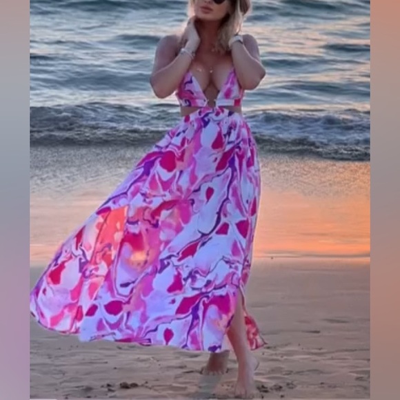 Pink, White & Purple Marble Print Summer Beach Maxi Dress - Picture 12 of 12